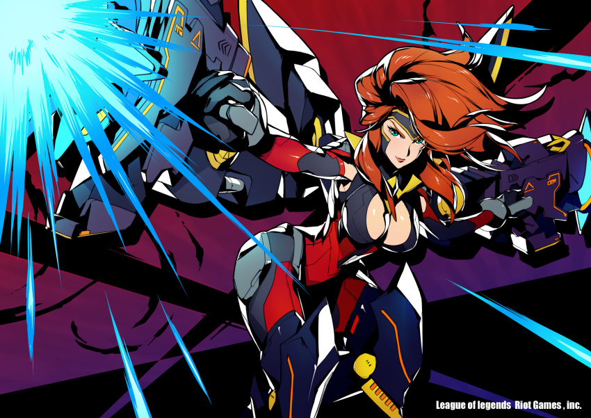1girl alternate_costume aqua_eyes bodysuit breasts cleavage cleavage_cutout commentary_request dual_wielding firing forehead_protector gun_goddess_miss_fortune highres kotatsu_(g-rough) large_breasts league_of_legends lips long_hair mecha_musume muzzle_flash official_art redhead shoulder_cannon solo