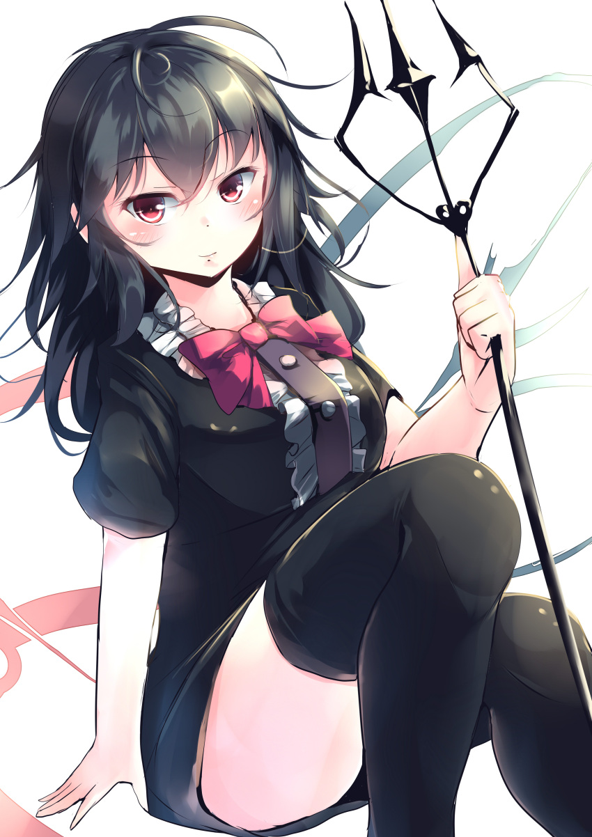 1girl absurdres black_dress black_hair black_legwear blush bow dress eyebrows_visible_through_hair hair_between_eyes highres houjuu_nue kanzakietc light_smile long_hair looking_at_viewer polearm short_sleeves simple_background sitting solo thigh-highs touhou trident weapon white_background