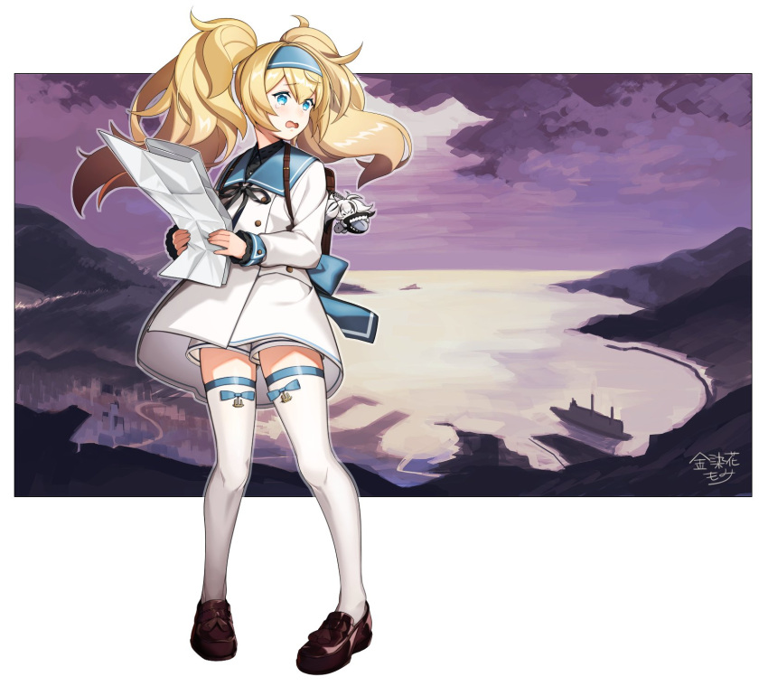 1girl artist_name blonde_hair blue_eyes commentary_request crying crying_with_eyes_open escort_water_hime full_body gambier_bay_(kantai_collection) hairband highres kantai_collection kinsenka_momi loafers long_hair long_sleeves looking_away neck_ribbon open_mouth ribbon sailor_collar shoes shorts solo standing tears thigh-highs twintails white_background white_legwear