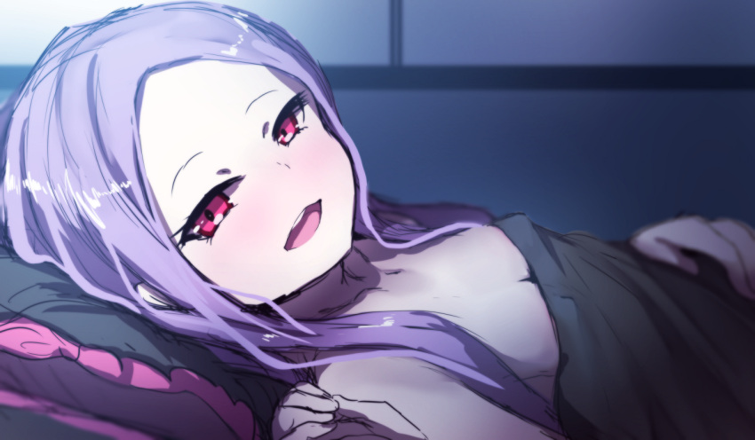 1girl :d bangs blush breasts cleavage collarbone fate/grand_order fate_(series) forehead long_hair looking_at_viewer looking_to_the_side lying naked_sheet on_back open_mouth parted_bangs pillow purple_hair sketch small_breasts smile solo under_covers upper_teeth violet_eyes wada_kazu wu_zetian_(fate/grand_order)