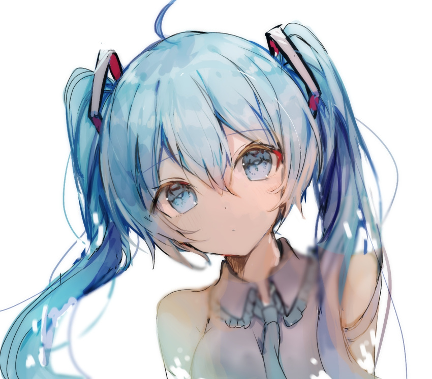 1girl ahoge bangs bare_shoulders blue_eyes blue_hair blue_neckwear blurry depth_of_field detached_sleeves digital_dissolve eyebrows_visible_through_hair frilled_shirt frills grey_shirt hatsune_miku highres long_hair looking_at_viewer necktie ptmko_d shiny shiny_hair shirt simple_background solo tareme twintails upper_body vocaloid white_background