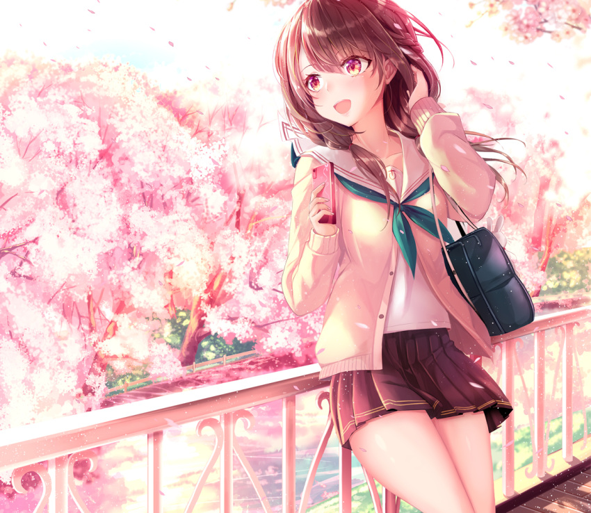 :d against_railing bag black_skirt braid brown_eyes brown_hair brown_sweater cardigan carrying cellphone cherry_blossoms cowboy_shot day eyebrows_visible_through_hair green_neckwear hair_tie hand_in_hair haruka_natsuki holding holding_cellphone holding_phone leaning_back light_particles long_hair looking_to_the_side miniskirt neckerchief open_cardigan open_clothes open_mouth original outdoors petals phone pink pleated_skirt school_bag school_uniform serafuku skirt smartphone smile striped striped_skirt stuffed_animal stuffed_bunny stuffed_toy sweater wind