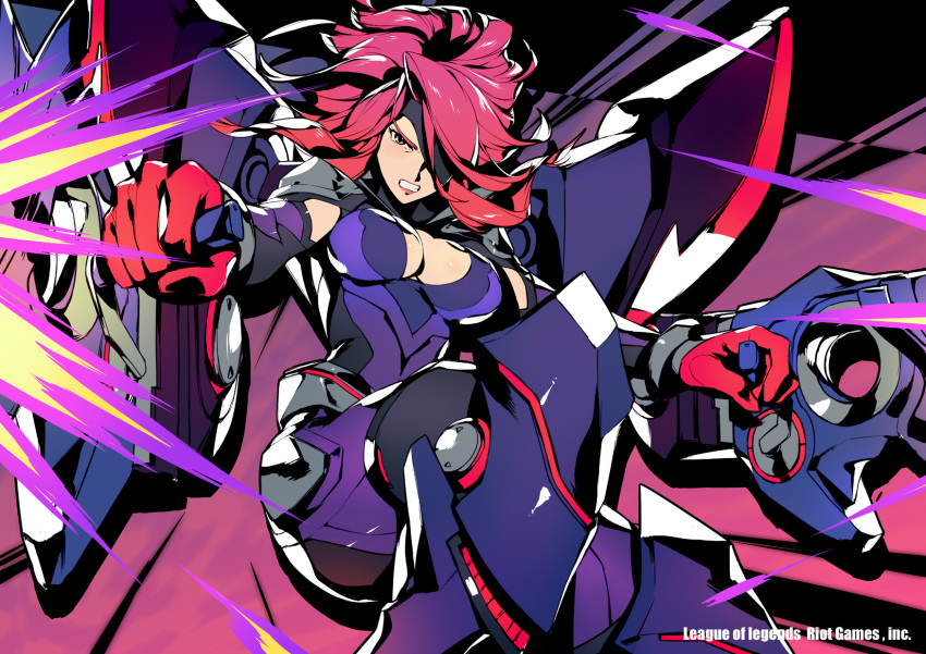 1girl alternate_color alternate_costume alternate_headwear bared_teeth brown_eyes cleavage_cutout firing flying gun_goddess_miss_fortune highres kotatsu_(g-rough) league_of_legends long_hair mecha_musume muzzle_flash official_art one_eye_covered pink_hair power_suit sarah_fortune serious shoulder_cannon skin_tight solo