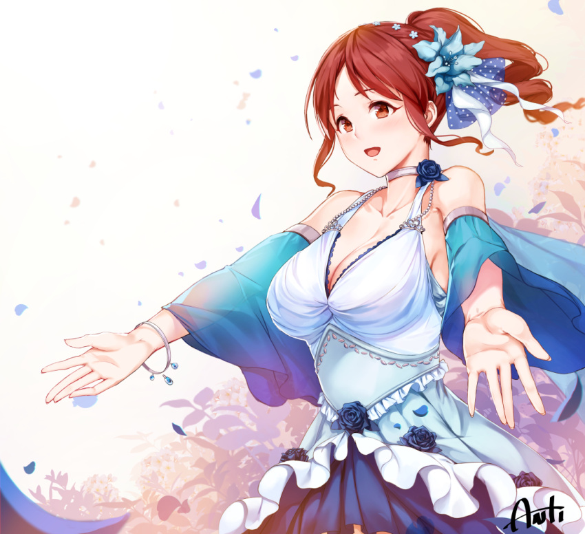 1girl bangs blue_flower blue_rose blush breasts brown_eyes brown_hair choker cleavage deneb_(noble324) dress flower frilled_dress frills hair_flower hair_ornament idolmaster idolmaster_cinderella_girls large_breasts long_hair looking_at_viewer mifune_miyu open_mouth open_palms outstretched_arms petals ponytail rose shawl signature smile solo spread_arms white_dress