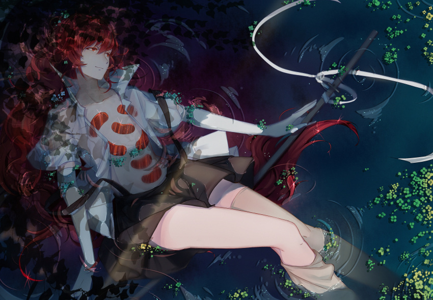 absurdres androgynous colored_eyelashes elbow_gloves gem gem_uniform_(houseki_no_kuni) gloves highres houraisan_chouko houseki_no_kuni long_hair lying lying_on_water on_back open_clothes open_shirt padparadscha_(houseki_no_kuni) partially_submerged red_eyes redhead smile solo suspenders sword thigh-highs water wavy_hair weapon