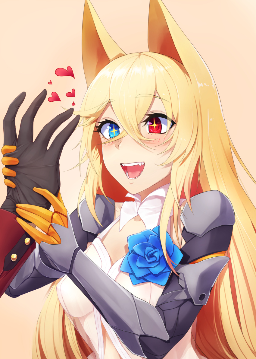 absurdres animal_ears blonde_hair breasts collar corsage dog_ears fangs g41_(girls_frontline) girls_frontline gloves h&amp;k_g41 hand_holding heart heart_background heterochromia highres ldl_(bcw1025) long_hair looking_at_hand mechanical_arm medium_breasts open_clothes open_mouth open_shirt shirt simple_background sparkling_eyes white_collar white_shirt