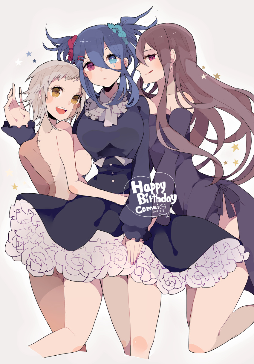 3girls :d artist_name back bangs black_dress black_shirt black_skirt blue_eyes blue_hair blue_scrunchie blush borrowed_character breasts brown_hair chon_(chon33v) dated dress frills grey_hair hair_between_eyes hair_ornament hairclip happy_birthday heterochromia highres licking_lips long_hair long_sleeves looking_at_viewer looking_back multiple_girls neck_ribbon nude open_mouth original petticoat red_eyes red_scrunchie ribbon shirt short_hair short_twintails side_slit sideboob sidelocks skirt smile star stitches tongue tongue_out twintails white_neckwear yellow_eyes