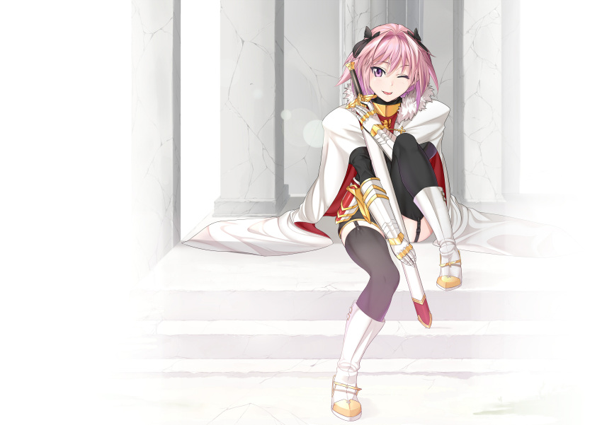 1boy :} ;p absurdres astolfo_(fate) bangs black_bow black_gloves black_legwear black_panties black_shirt black_skirt blush boots bow braid closed_mouth commentary_request dot_nose emblem eyebrows_visible_through_hair fading_borders fate/apocrypha fate_(series) faulds full_body fur-trimmed_cloak fur_collar garter_straps gauntlets gloves gold_trim gorget hair_between_eyes hair_bow hair_intakes hand_up highres holding holding_sword holding_weapon knee_boots knee_up lens_flare long_hair long_sleeves looking_at_viewer male_focus miniskirt multicolored_hair one_eye_closed outdoors panties pink_hair shin'ya_mahiru shirt single_braid sitting skirt smile solo streaked_hair sword thigh-highs tongue tongue_out trap tsurime turtleneck two-tone_hair underwear violet_eyes weapon white_cloak white_footwear white_hair