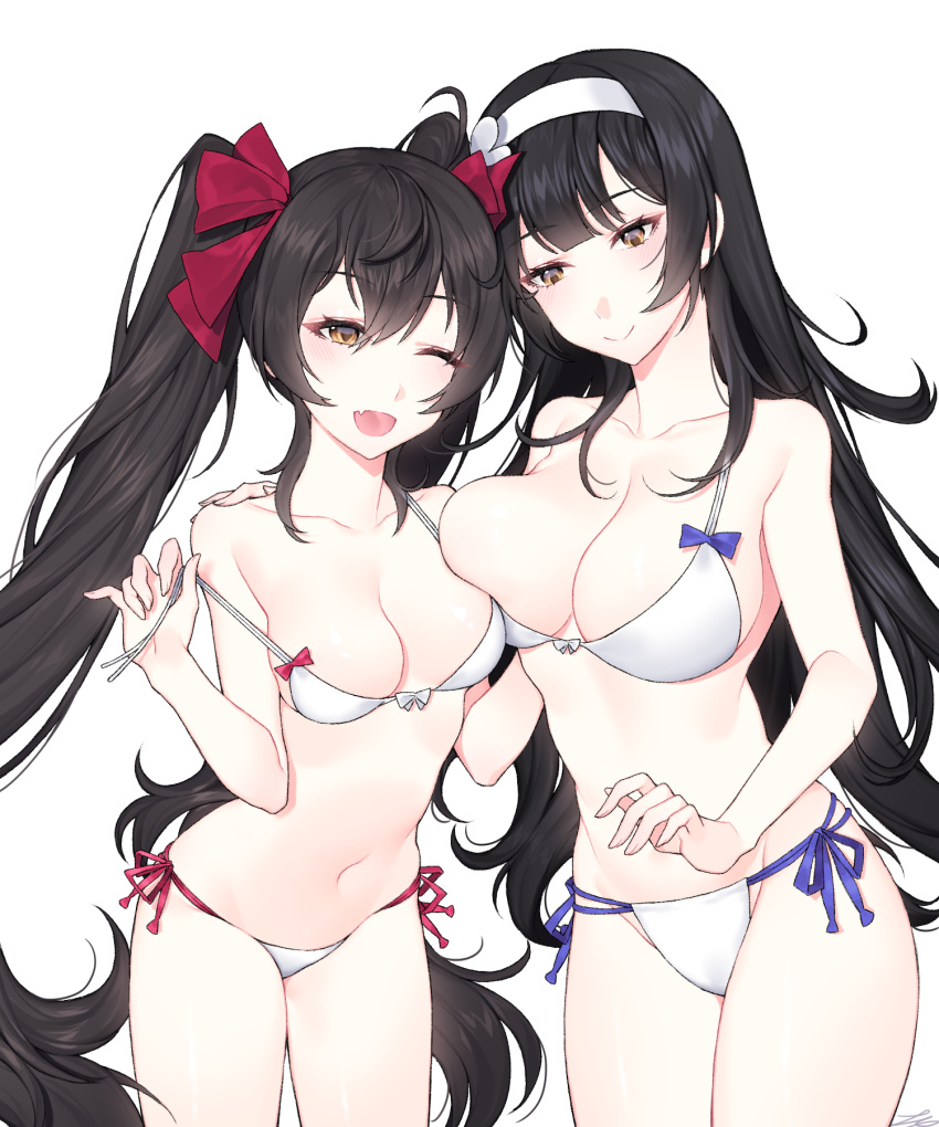 2girls ;d asymmetrical_docking bangs bare_arms bare_shoulders bikini black_hair blue_ribbon blunt_bangs breast_press breasts brown_eyes collarbone cowboy_shot eyebrows_visible_through_hair girls_frontline hair_ribbon hairband half-closed_eyes hand_on_another's_shoulder highres holding ia_(ias1010) large_breasts long_hair looking_at_viewer medium_breasts multiple_girls navel one_eye_closed open_mouth pink_ribbon qbz-95_(girls_frontline) qbz-97_(girls_frontline) ribbon side-tie_bikini sidelocks signature simple_background smile standing stomach straight_hair swimsuit teasing thighs twintails untied untied_bikini very_long_hair white_background white_bikini white_hairband