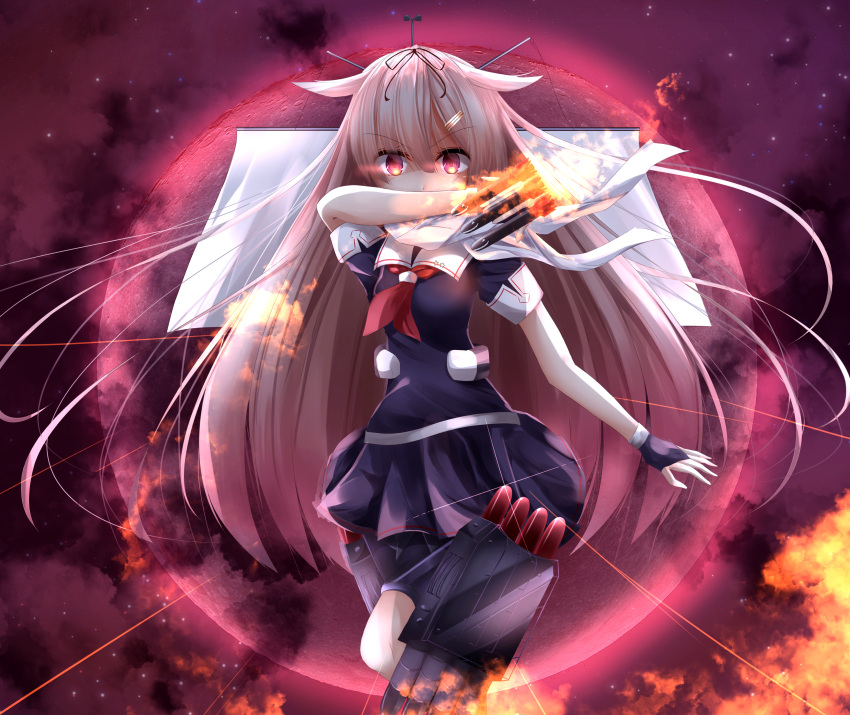 1girl absurdres black_ribbon black_serafuku blonde_hair breasts covered_mouth fire floating_hair gloves glowing glowing_eyes gradient_hair hair_flaps hair_ornament hair_ribbon hairclip highres holding holding_torpedo kantai_collection long_hair looking_at_viewer machinery mast messy_hair moon multicolored_hair neckerchief night one_leg_raised pleated_skirt red_eyes red_moon red_neckwear remodel_(kantai_collection) ribbon rigging sail scarf school_uniform serafuku short_sleeves skirt sky solo star_(sky) starry_sky suisen-21 torpedo torpedo_launcher very_long_hair white_scarf yuudachi_(kantai_collection)