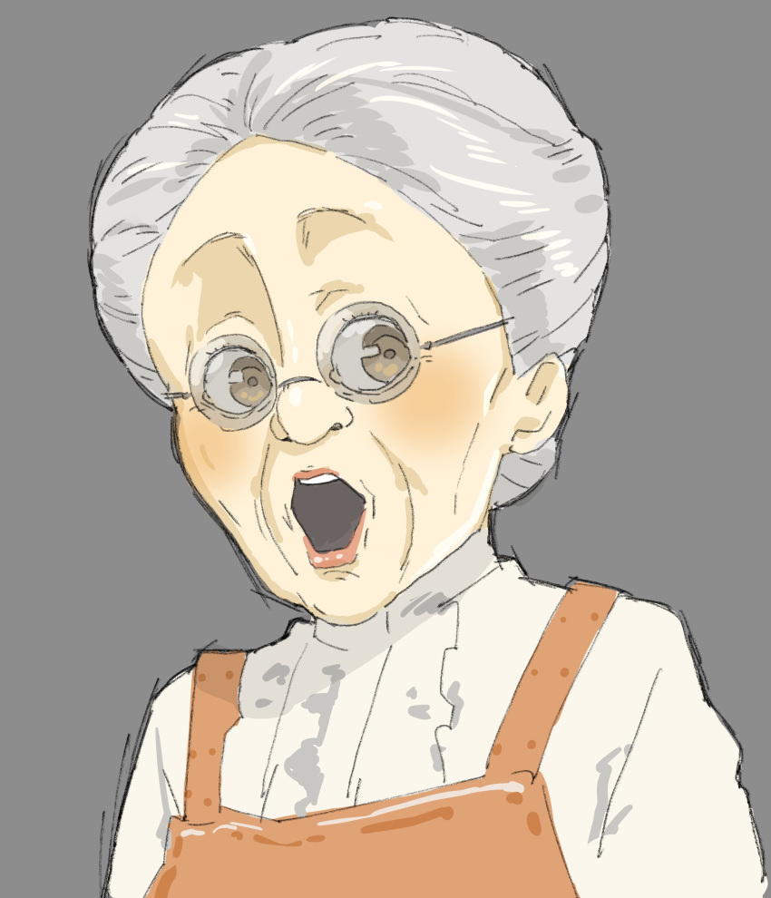 1girl absurdres apron blush brown_eyes copyright_request donguri_suzume glasses grey_background grey_hair hair_bun highres looking_at_viewer old_woman open_mouth original pink_lips shirt simple_background solo upper_body white_shirt