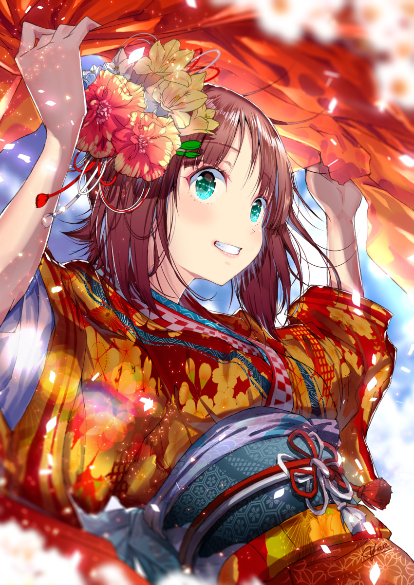 1girl amami_haruka brown_hair commentary_request eyebrows_visible_through_hair floral_print flower green_eyes hair_flower hair_ornament hands_up highres idolmaster idolmaster_(classic) japanese_clothes kimono light_particles obi red_kimono sash short_hair smile solo tassel teeth upper_body wide_sleeves yae_(mono110)