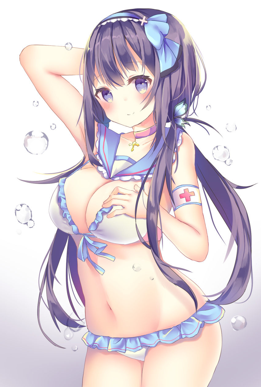 1girl arm_up bare_arms bare_shoulders bikini black_hair blue_bow blue_hairband blue_sailor_collar bow breasts bubble butterfly_hair_ornament cleavage closed_mouth collarbone gradient gradient_background grey_background hair_ornament hairband hand_behind_head highres large_breasts long_hair low_twintails navel original sailor_collar smile solo swimsuit tsuruse twintails very_long_hair violet_eyes white_background white_bikini