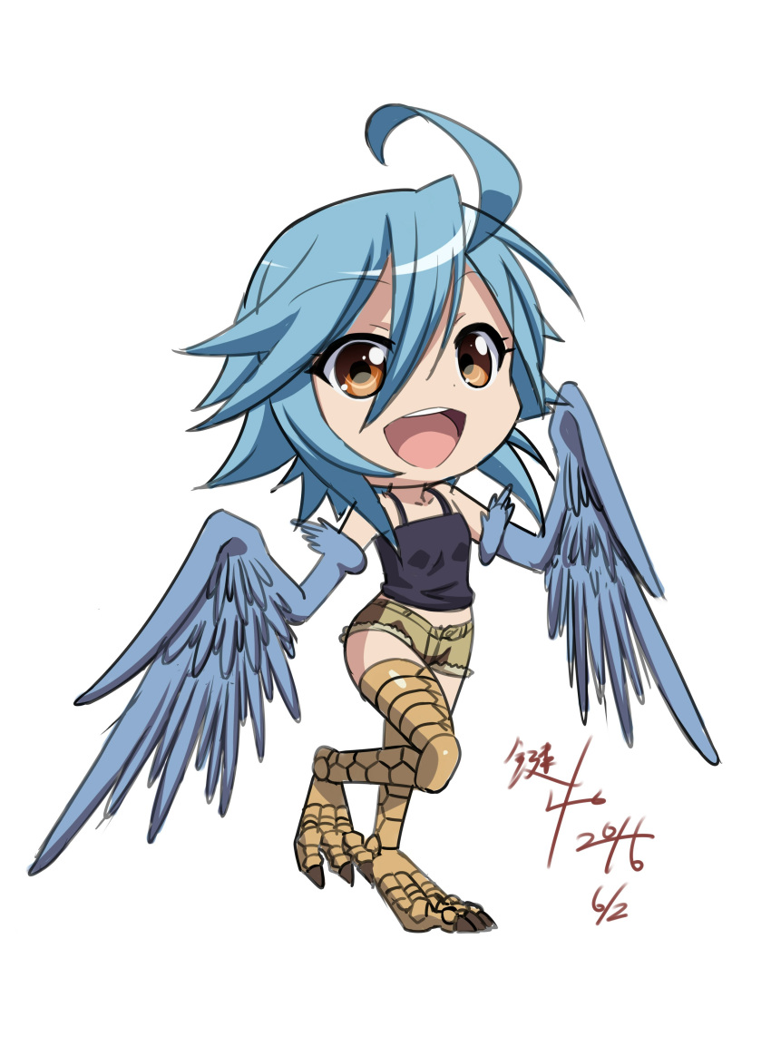1girl :d absurdres ahoge bare_shoulders blue_hair chibi claws dated eyebrows_visible_through_hair full_body hair_between_eyes harpy highres kagiyama_(gen'ei_no_hasha) looking_at_viewer monster_girl monster_musume_no_iru_nichijou open_mouth papi_(monster_musume) short_shorts shorts signature simple_background smile solo standing standing_on_one_leg tank_top white_background wings