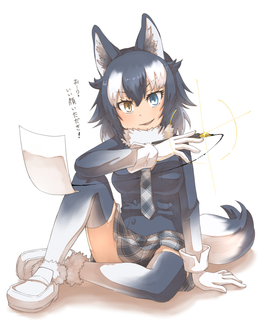 1girl animal_ears blue_eyes blue_hair check_translation eyebrows_visible_through_hair fang fountain_pen fur_collar fur_trim gloves gradient_legwear grey_hair grey_wolf_(kemono_friends) heterochromia highres ink kemono_friends long_hair long_sleeves multicolored_hair necktie open_mouth paper pen plaid plaid_neckwear plaid_skirt pleated_skirt shiny sitting skirt sleeve_cuffs solo tail tenya thigh-highs translation_request wolf_ears wolf_tail yellow_eyes