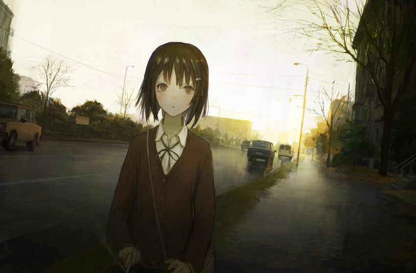1girl bag bangs brown_eyes brown_hair building car cardigan cigarette city clouds cloudy_sky day dutch_angle ground_vehicle hair_ornament hairclip highres holding lamppost long_sleeves looking_at_viewer motor_vehicle neck_ribbon original outdoors parted_lips ribbon road shion_(mirudakemann) short_hair shoulder_bag sky smoke smoking solo stairs standing street traffic_cone tree wing_collar