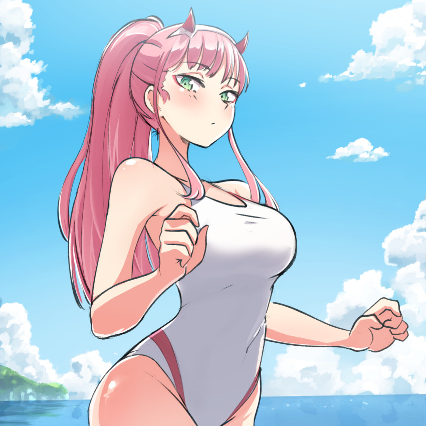 1girl aqua_eyes beach blue_sky blush breasts clouds coolisushi darling_in_the_franxx day groin half-closed_eyes highres horns long_hair looking_at_viewer medium_breasts ocean one-piece_swimsuit outdoors pink_hair ponytail sky solo swimsuit very_long_hair white_swimsuit zero_two_(darling_in_the_franxx)