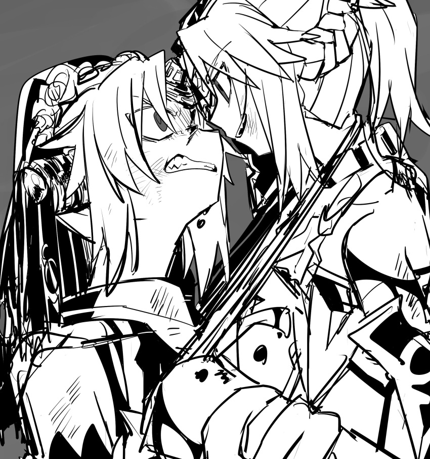2girls absurdres blood clenched_teeth commentary_request face-to-face fate/apocrypha fate_(series) frankenstein's_monster_(fate) greyscale highres injury looking_at_another monochrome mordred_(fate) mordred_(fate)_(all) multiple_girls open_mouth scowl short_hair sketch teeth uotsu_(sabakou) upper_body