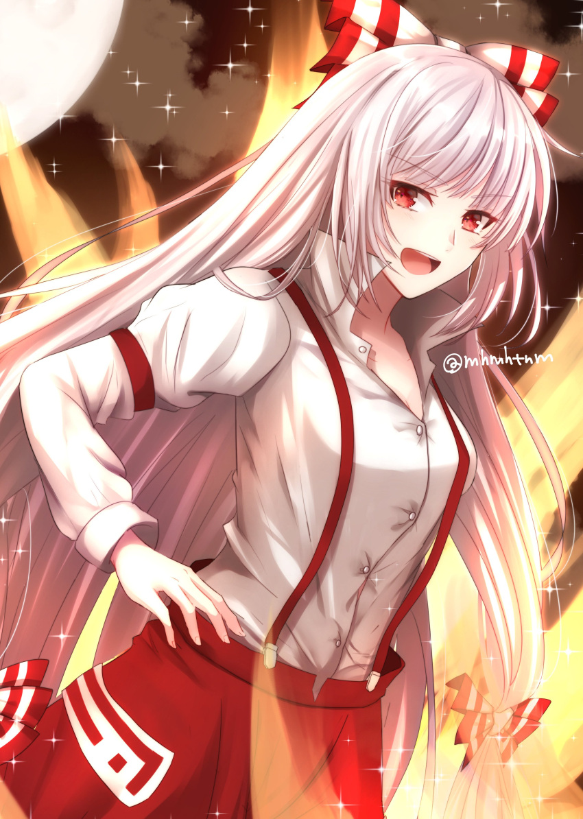 1girl :d absurdres armband bow commentary_request eyebrows_visible_through_hair fire fujiwara_no_mokou hair_bow high_collar highres juliet_sleeves long_hair long_sleeves looking_at_viewer open_mouth pants pink_hair popped_collar puffy_sleeves red_eyes red_pants shirt smile solo standing suspenders tanaji touhou very_long_hair white_shirt