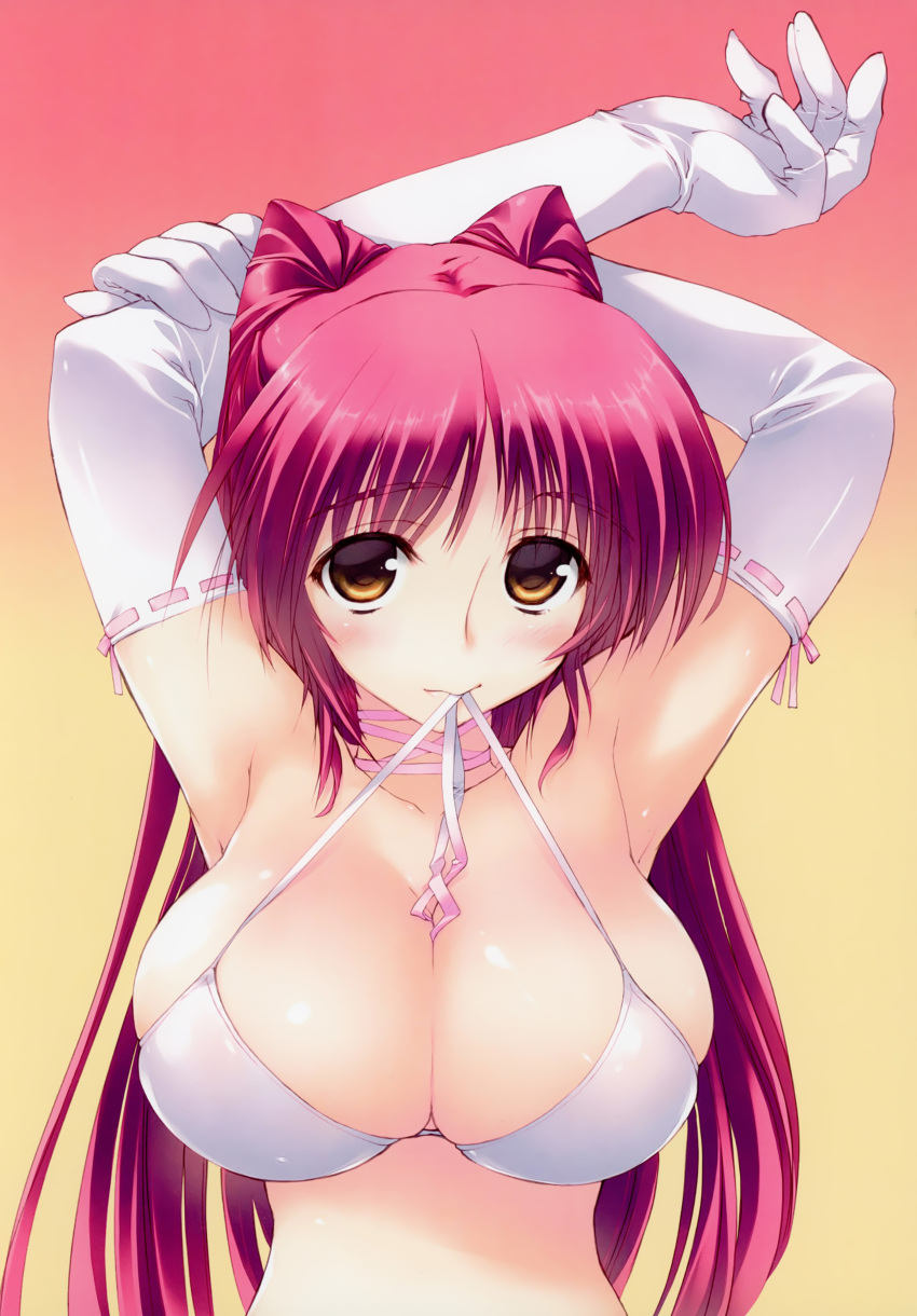 1girl absurdres amazuyu_tatsuki armpits arms_behind_head arms_up bangs bikini_top blush breasts brown_eyes cleavage elbow_gloves eyebrows_visible_through_hair gloves gradient gradient_background highres holding kousaka_tamaki large_breasts long_hair looking_at_viewer mouth_hold official_art redhead scan shiny shiny_skin simple_background solo to_heart_2 upper_body white_gloves