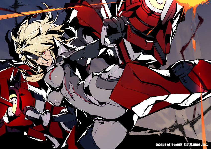 1girl alternate_color alternate_costume bodysuit breasts firing flying forehead_protector gun_goddess_miss_fortune high_contrast highres kotatsu_(g-rough) large_breasts league_of_legends long_hair mecha_musume muzzle_flash official_art platinum_blonde power_suit red_eyes sarah_fortune shoulder_cannon skin_tight solo