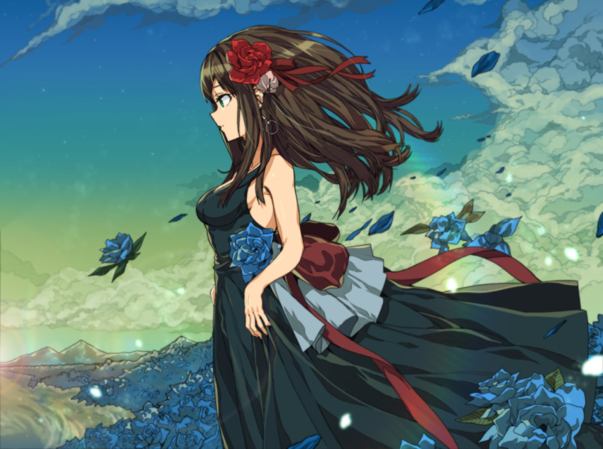 1girl arms_at_sides backlighting bangs bare_arms bare_shoulders black_dress blue_flower blue_rose blue_sky breasts brown_hair closed_mouth clouds cloudy_sky commentary dress dress_lift earrings erere floating_hair flower from_side gradient_sky green_eyes green_sky hair_flower hair_ornament idolmaster idolmaster_cinderella_girls jewelry lake landscape lens_flare light_smile long_dress long_hair looking_down medium_breasts mountainous_horizon multicolored multicolored_sky outdoors petals profile red_flower red_ribbon red_rose reflection ribbon ripples rose scenery shibuya_rin sidelocks sky sleeveless solo standing star_(sky) sunset water wind wind_lift