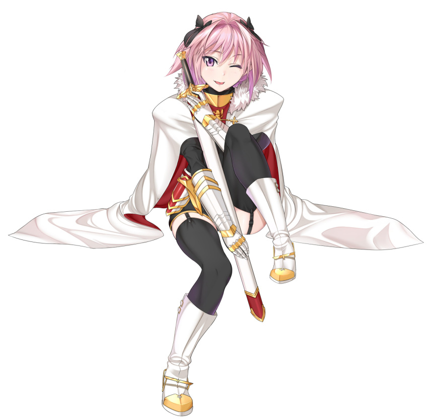 1boy :} ;p astolfo_(fate) bangs black_bow black_gloves black_legwear black_panties black_shirt black_skirt blush boots bow braid closed_mouth commentary_request dot_nose emblem eyebrows_visible_through_hair fate/apocrypha fate_(series) faulds full_body fur-trimmed_cloak fur_collar garter_straps gauntlets gloves gold_trim gorget hair_between_eyes hair_bow hair_intakes hand_up highres holding holding_sword holding_weapon invisible_chair knee_boots knee_up long_hair long_sleeves looking_at_viewer male_focus miniskirt multicolored_hair one_eye_closed panties pink_hair shin'ya_mahiru shirt simple_background single_braid sitting skirt smile solo streaked_hair sword thigh-highs tongue tongue_out trap tsurime turtleneck two-tone_hair underwear violet_eyes weapon white_background white_cloak white_footwear white_hair
