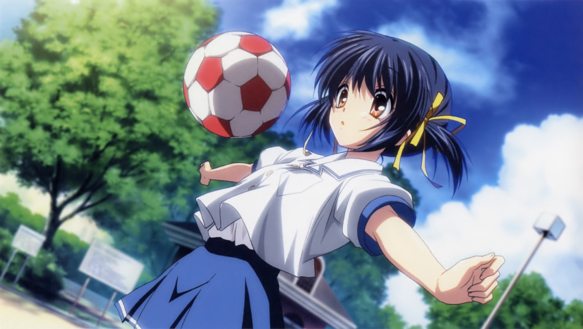 ball blue_hair bow brown_eyes clannad highres official_art short_hair soccer_ball sunohara_mei telstar twintails