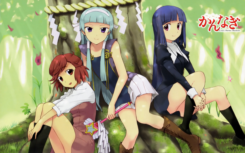 3girls aoba_tsugumi black_eyes black_hair blue_hair brown_eyes brown_hair copyright_name highres kannagi looking_at_viewer nagi purple_eyes school_uniform skirt smile takenashi_eri tree wallpaper wand zange