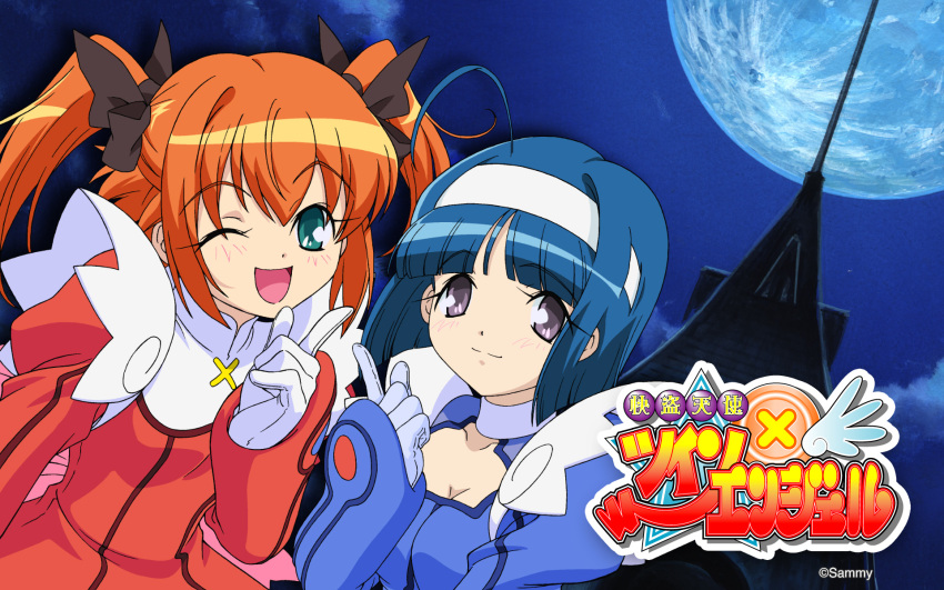 highres kaitou_tenshi_twin_angel kannazuki_aoi minazuki_haruka_(twin_angel) minnazuki_haruka orange_hair twintails wallpaper wink