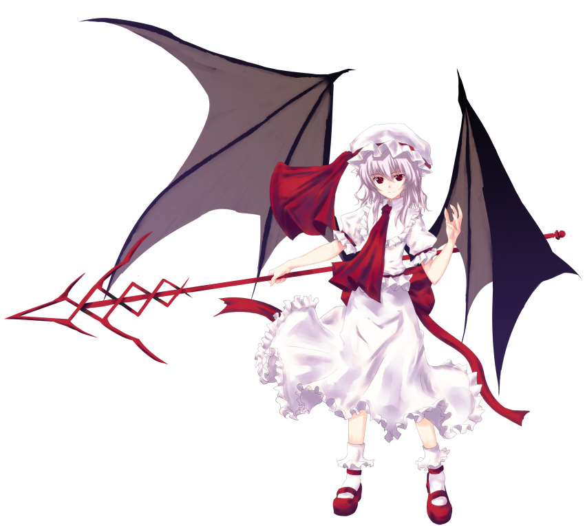 asagi_shii bad_id bat_wings dress hat highres hisago polearm purple_hair red_eyes remilia_scarlet short_hair solo spear spear_the_gungnir touhou transparent_background weapon wings