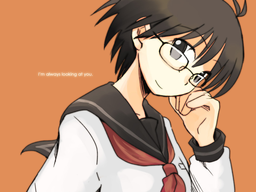 antenna_hair brown_eyes brown_hair glasses highres idolmaster kikuchi_makoto school_uniform serafuku wallpaper