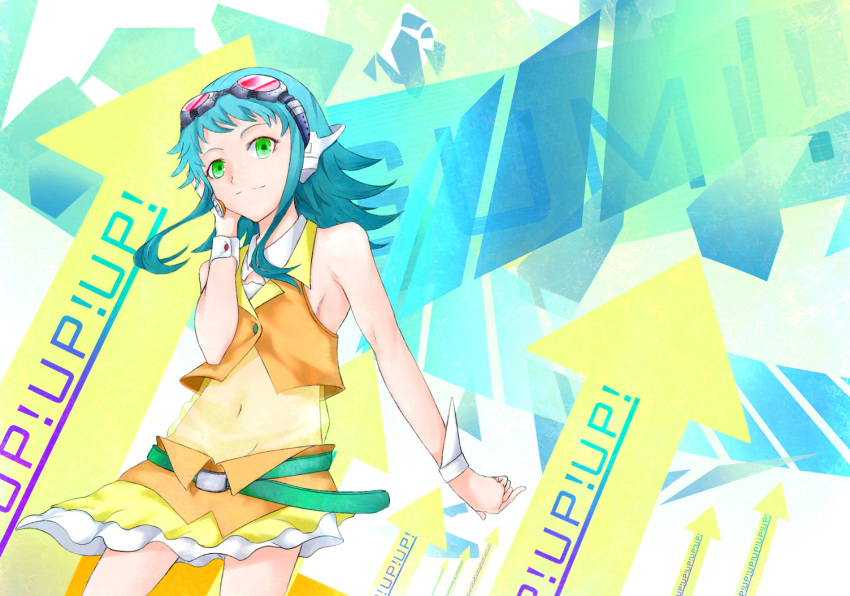 belt blue_hair directional_arrow goggles green_eyes gumi hand_on_headphones headphones headset highres short_hair skirt smile solo vocaloid wrist_cuffs yamatoba