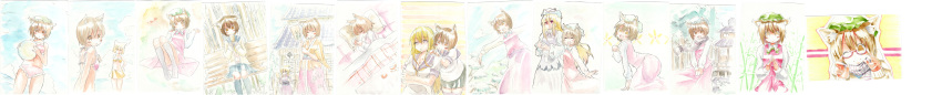 alternate_costume animal_ears bikini brown_eyes brown_hair cat_ears chen contemporary food glasses hat highres japanese_clothes long_image glasses oge_(ogeogeoge) scarf school_uniform seifuku short_hair sleeping smile swimsuit swimsuit taiyaki touhou traditional_media wagashi wide_image wink yakumo_ran yakumo_yukari