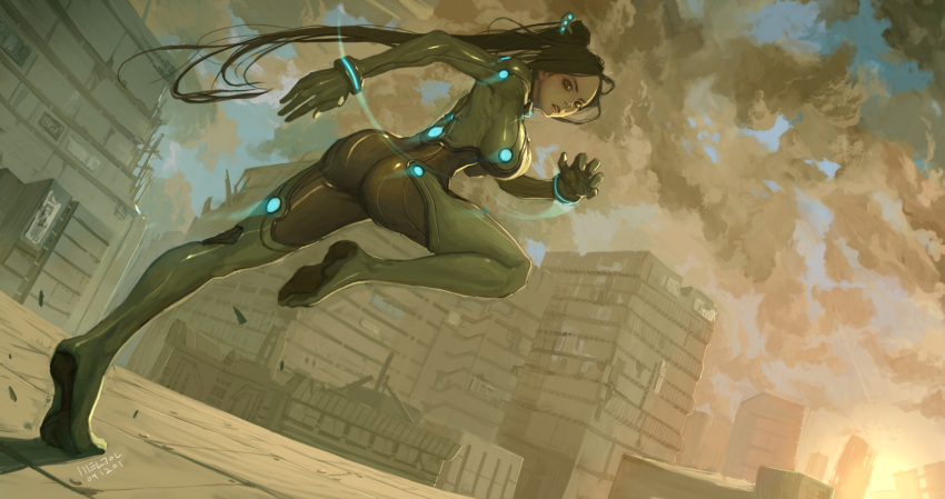 ass black_hair bodysuit breasts brown_eyes cloud dutch_angle highres large_breasts legs long_hair looking_back original ponytail ruins running signature sky solo sunlight weltol
