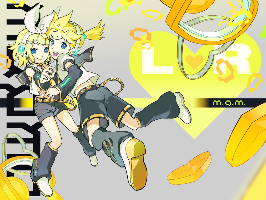 119 blonde_hair blue_eyes detached_sleeves hair_ribbon headphones kagamine_len kagamine_rin ribbon short_hair shorts siblings smile twins vocaloid