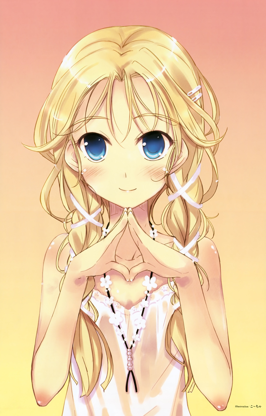 absurdres blonde_hair blue_eyes braid face hair_ribbon hands highres jewelry ko~cha lingerie long_hair necklace original ribbon smile solo steepled_fingers twin_braids