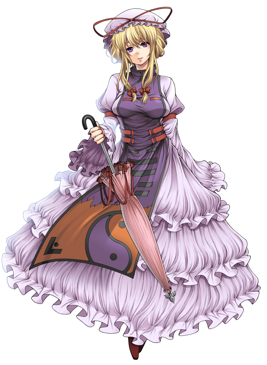 1girl absurdres blonde_hair breasts der_junge extraction hat highres long_hair parasol purple_eyes ribbon smile solo touhou transparent_background umbrella yakumo_yukari