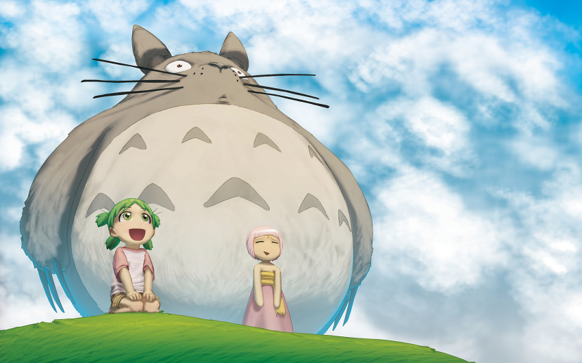 claws clouds crossover ghibli grass green_eyes green_hair guu jungle_wa_itsumo_hale_nochi_guu koiwai_yotsuba open_mouth sky tonari_no_totoro whiskers yotsubato!