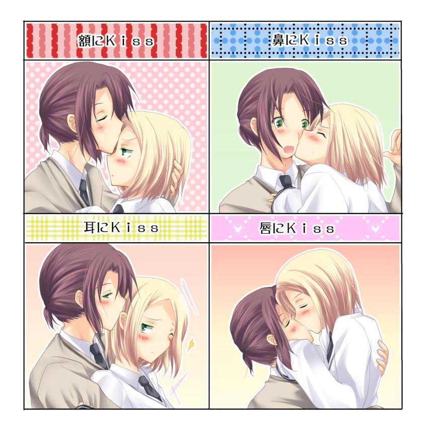 androgynous axis_powers_hetalia blonde_hair blush brown_hair green_eyes highres kiss_chart lithuania_(hetalia) male multiple_boys necktie poland_(hetalia) ponytail shiro_kiyama translated yaoi