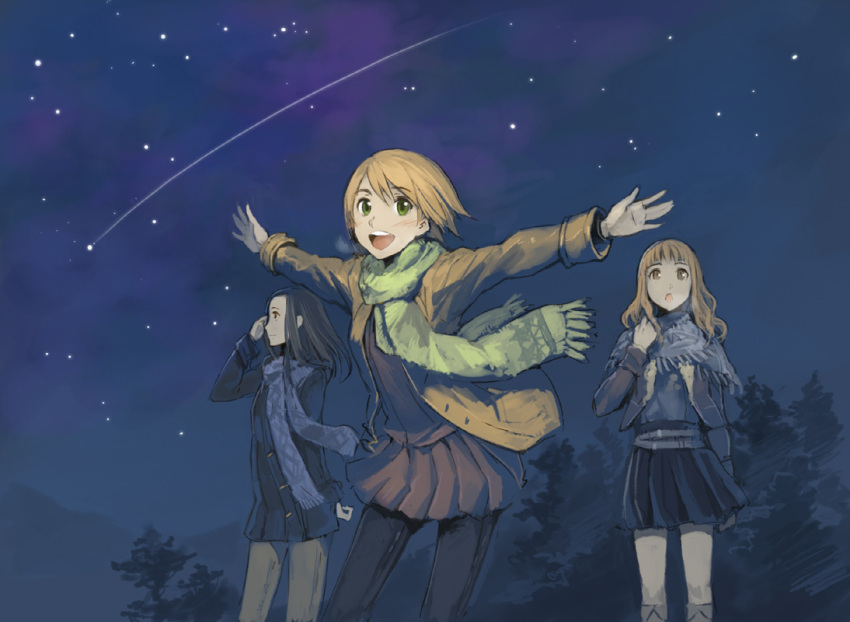 akeno_mihoshi black_hair boots brown_eyes brown_hair coat denim green_eyes long_hair makita_hime multiple_girls night night_sky outstretched_arms pantyhose scarf shooting_star short_hair skirt sky sora_no_manimani spread_arms star star_(sky) starry_sky tko_(artist) yarai_sayo