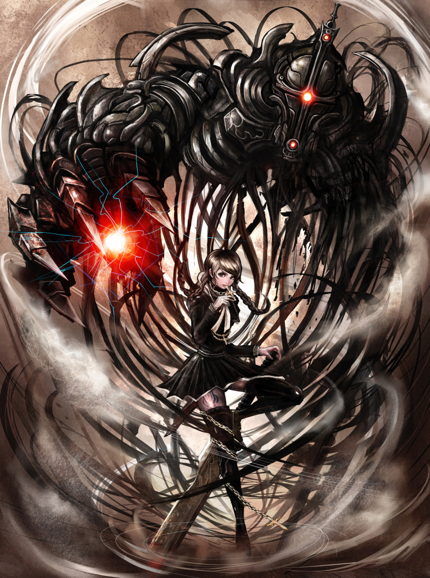 braid chain chains claws creature cross crucifix glowing glowing_eyes gonjiji highres monster original sword thigh-highs thighhighs twin_braids weapon