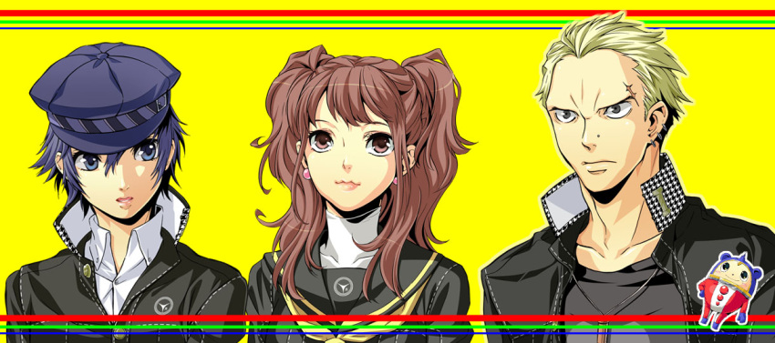 blonde_hair blue_hair brown_hair cabbie_hat earrings hat houndstooth jewelry koremi2 koremitsu kujikawa_rise kuma_(persona_4) persona persona_4 reverse_trap school_uniform shirogane_naoto short_hair tatsumi_kanji twintails