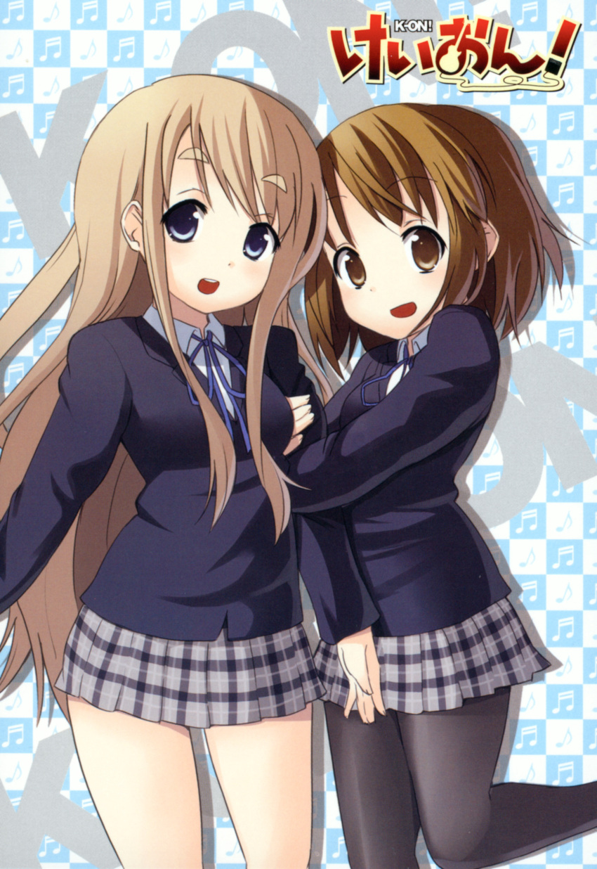 absurdres arm_holding arm_hug blazer blonde_hair blue_eyes brown_eyes brown_hair highres hirasawa_yui hug k-on! kakifly kotobuki_tsumugi long_hair multiple_girls official_art open_mouth pantyhose plaid plaid_skirt scan school_uniform short_hair skirt tartan