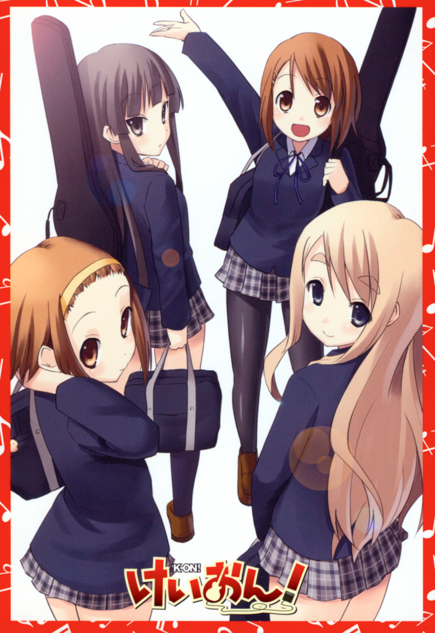 absurdres akiyama_mio bangs black_hair blazer blonde_hair blunt_bangs brown_eyes brown_hair guitar_case highres hime_cut hirasawa_yui instrument_case k-on! kakifly kotobuki_tsumugi long_hair multiple_girls official_art open_mouth pantyhose plaid plaid_skirt red_border scan school school_uniform short_hair skirt tainaka_ritsu tartan