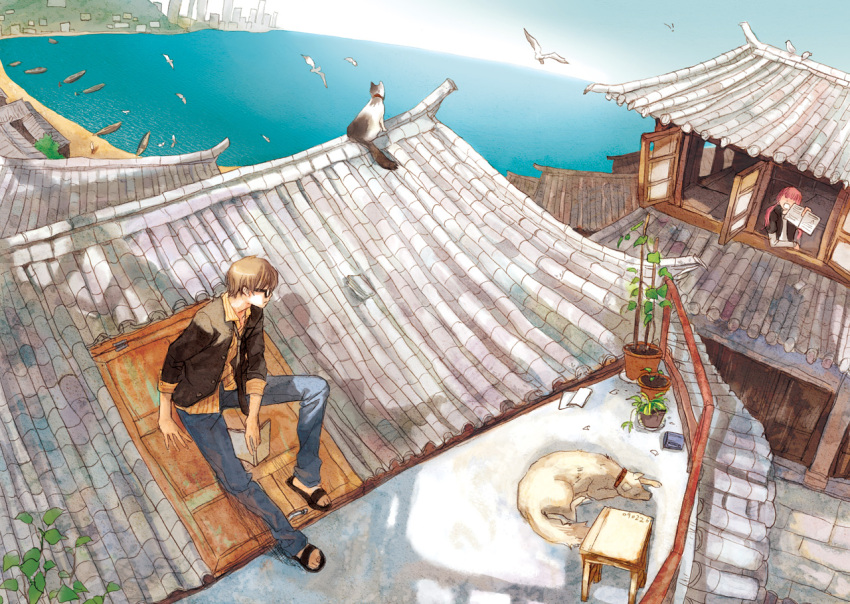 book brown_hair cat dog glasses ocean original pink_hair plant potted_plant rooftop seagull selina short_hair twintails window