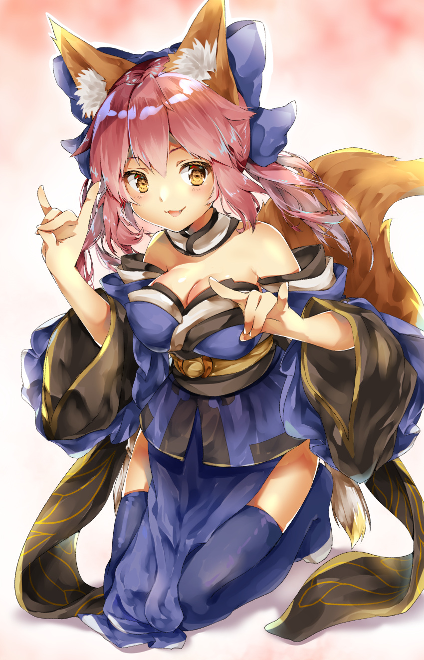 1girl :d absurdres amane_tari animal_ears bangs bare_shoulders blue_bow blue_kimono blue_legwear bow brown_eyes commentary_request detached_sleeves eyebrows_visible_through_hair fang fate/extra fate_(series) fox_ears fox_girl fox_shadow_puppet fox_tail hair_between_eyes hair_bow hands_up highres japanese_clothes kimono kneeling long_hair long_sleeves looking_at_viewer no_shoes obi open_mouth pink_hair sash sidelocks smile solo strapless tail tamamo_(fate)_(all) tamamo_no_mae_(fate) thigh-highs twintails wide_sleeves