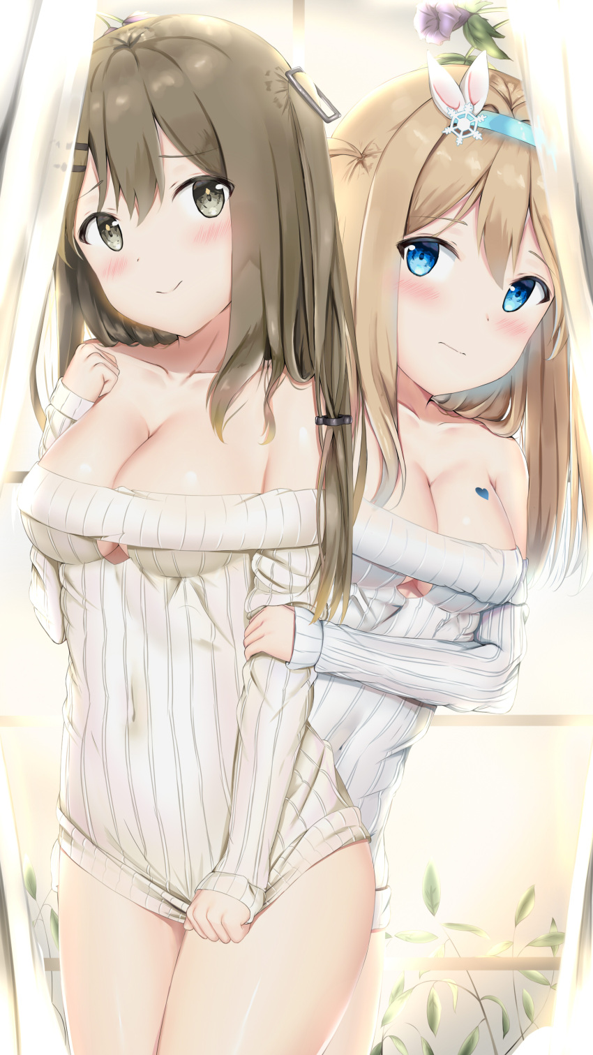 2girls absurdres bachibachi_(tisen) bangs bare_shoulders beige_sweater blonde_hair blue_eyes blush bodypaint breasts brown_eyes brown_hair cleavage closed_mouth clothes_tug collarbone covered_navel curtains dress embarrassed eyebrows_visible_through_hair flower girls_frontline hair_between_eyes hair_ornament hairband hairclip head_tilt heart highres holding_another's_arm indoors k-2_(girls_frontline) large_breasts long_hair looking_at_viewer medium_breasts multiple_girls plant ribbed_sweater sidelocks smile snowflake_hair_ornament standing strapless strapless_dress suomi_kp31_(girls_frontline) sweater sweater_dress sweater_tug thighs underboob_cutout white_sweater window