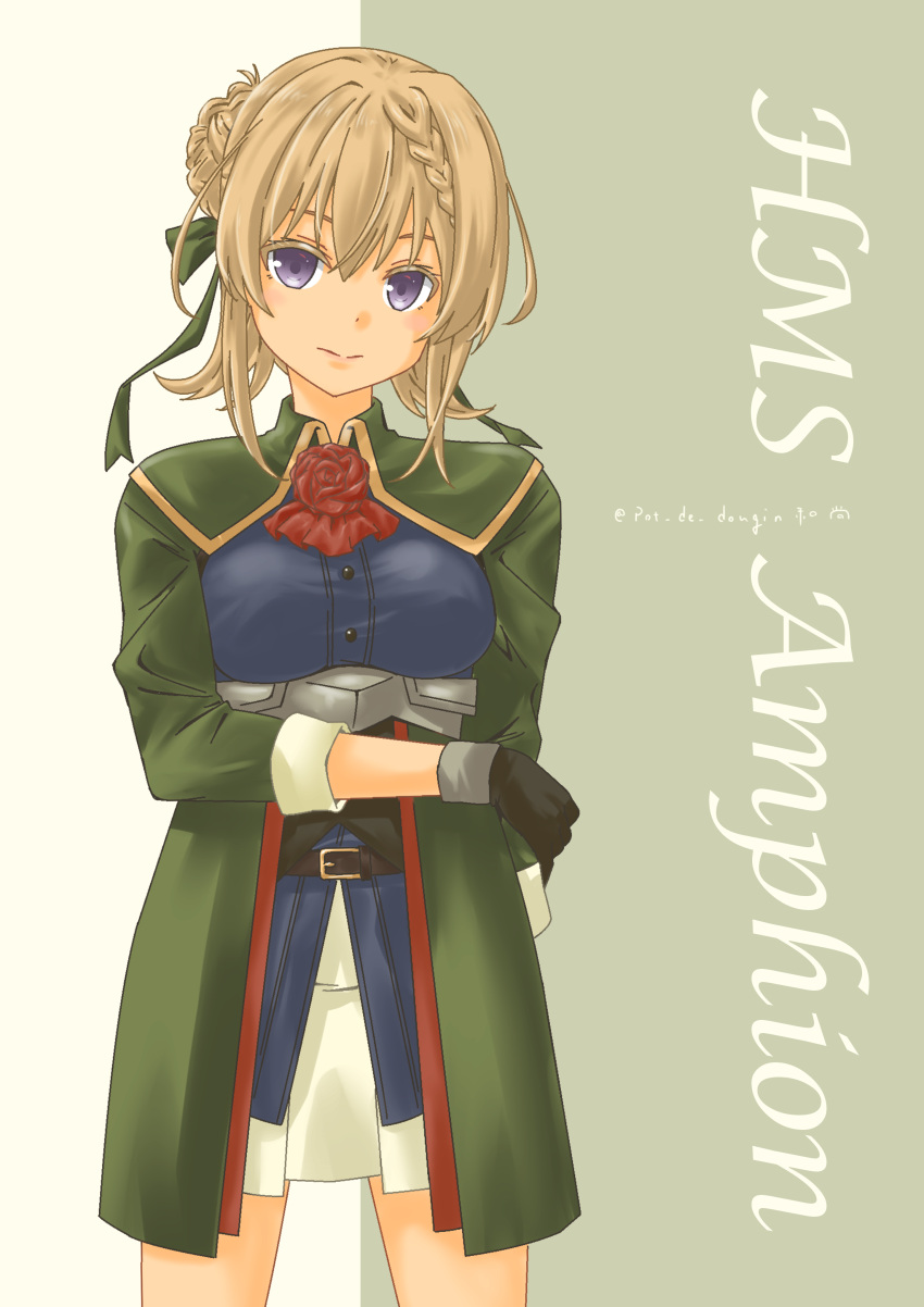 1girl absurdres alternate_costume ascot belt black_belt black_gloves blonde_hair braid braided_bangs braided_bun breasts character_name coat cowboy_shot flower gloves green_coat hair_bun highres kantai_collection long_hair medium_breasts military military_uniform neck_flower perth_(kancolle) pot-de red_ascot red_flower red_rose rose solo standing uniform violet_eyes