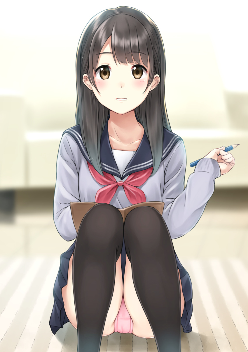 1girl bangs bashosho black_legwear black_skirt blurry blurry_background blush brown_eyes brown_hair collarbone commentary_request depth_of_field eyebrows_visible_through_hair feet_out_of_frame grey_shirt highres holding holding_pencil long_hair long_sleeves neckerchief original panties pantyshot pantyshot_(sitting) parted_lips pencil pink_panties pleated_skirt red_neckwear school_uniform serafuku shirt sitting skirt sleeves_past_wrists solo thigh-highs underwear